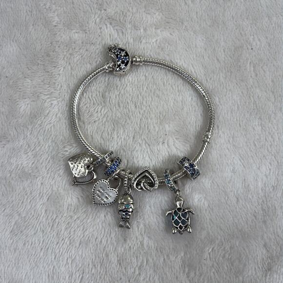 PANDORA Moments Snake Chain 6.25” Sterling Silver Bracelet with 8/Charms Charity - Picture 3 of 6